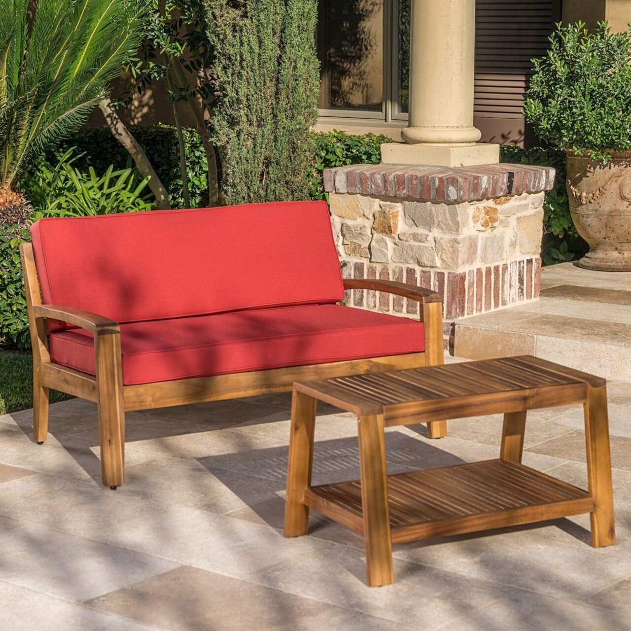 GDF Studio Christian Outdoor Acacia Wood Loveseat and Coffee Table Set with Cushions